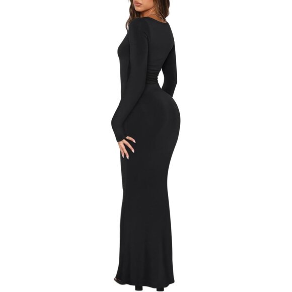 Women's Long Sleeve Maxi Dress Ribbed Square Neck Casual Fall Elegant - Picture 3 of 5